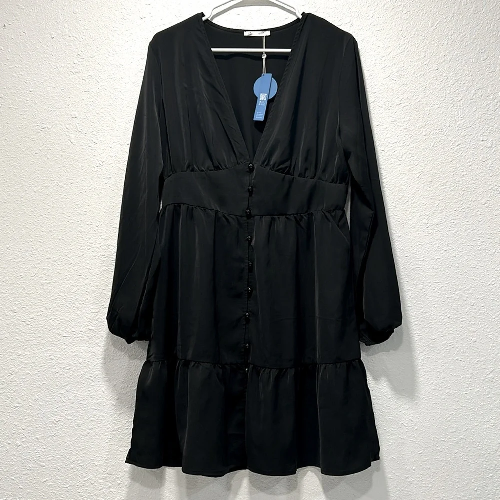 NWT Cupshe black plunge neck button loop button mini dress for women - Picture 3 of 11